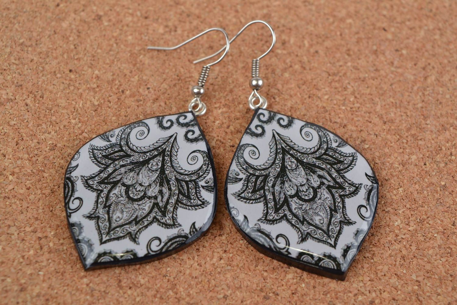 Handmade polymer clay decoupage earrings with black and white floral pattern photo 1