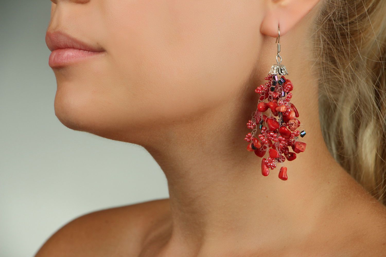 Handmade designer earrings woven of Czech beads and coral pieces photo 5
