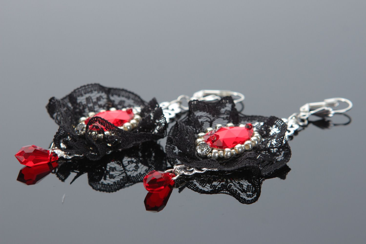 Handmade black and red dangle earrings with lace and Austrian crystals  photo 2