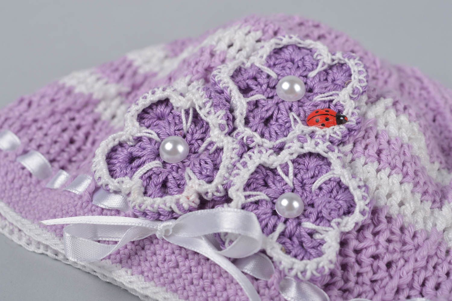Bonnet fille fait main Bonnet tricot crochet coton violet fleurs Vêtement enfant photo 4