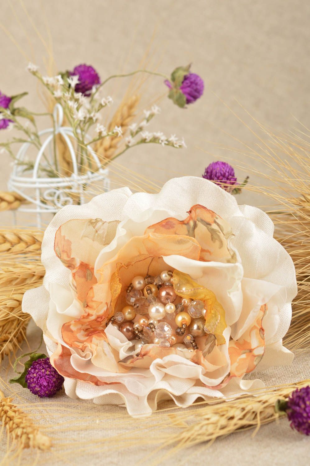 Broche Barrette fleur en soie faite main grande originale Cadeau pour femme photo 1