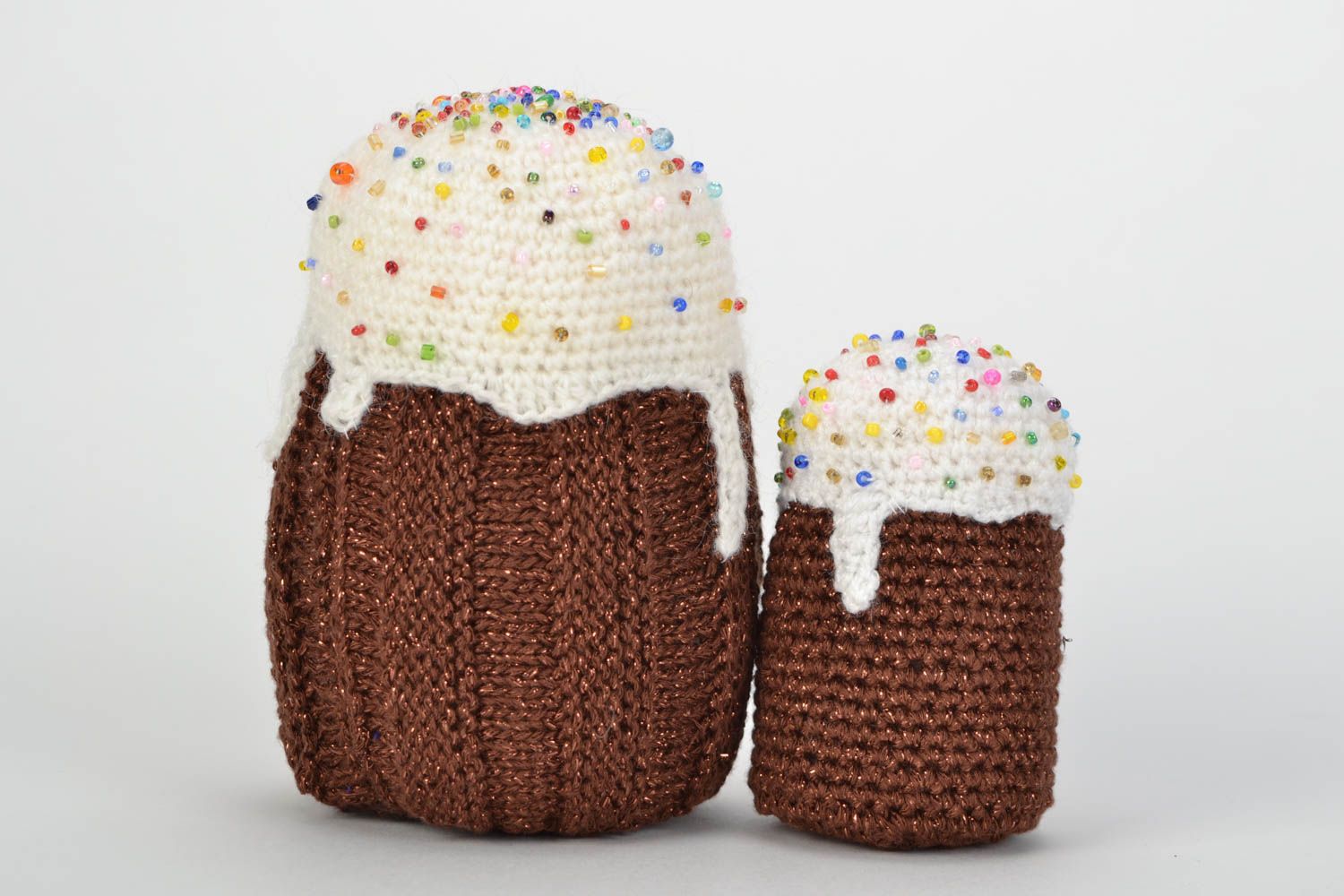 Set of handmade crochet Easter cakes of brown color with beaded glaze 2 pieces photo 1
