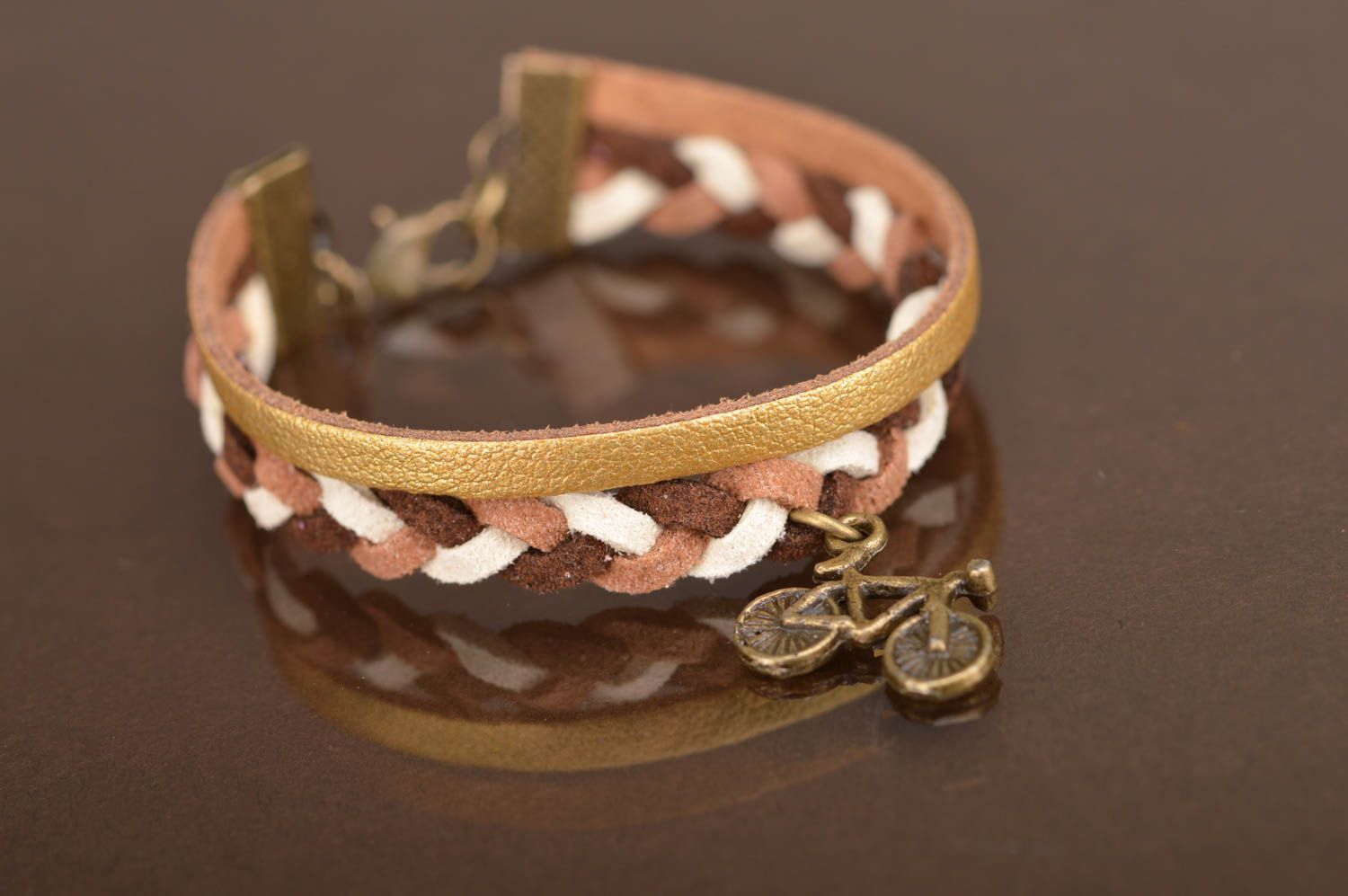 Handmade leather wrist bracelet with suede cord and metal charm Bicycle photo 3