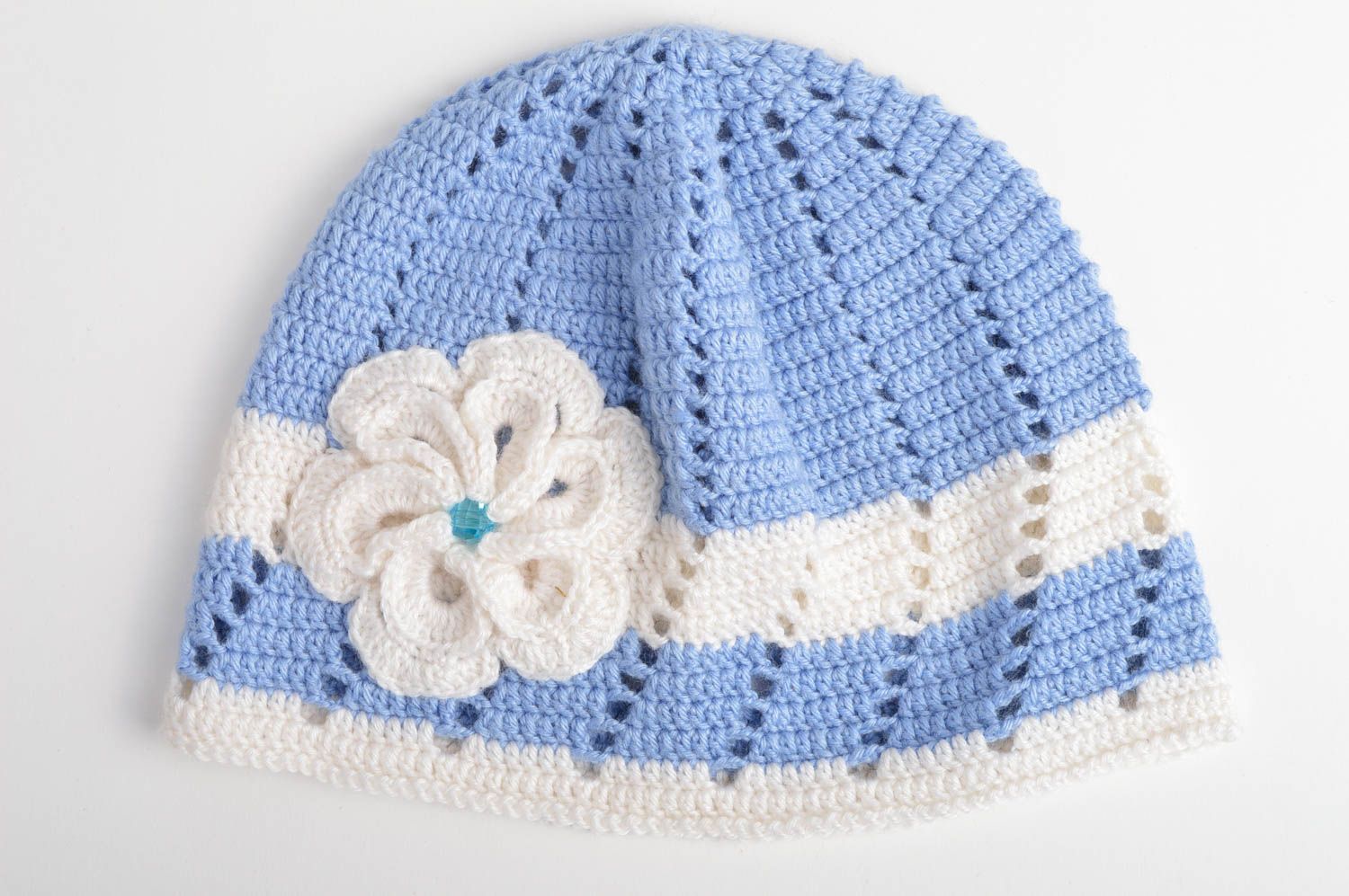 Bonnet tricot Chapeau au crochet fait main bleu clair blanc Vêtement fille photo 3