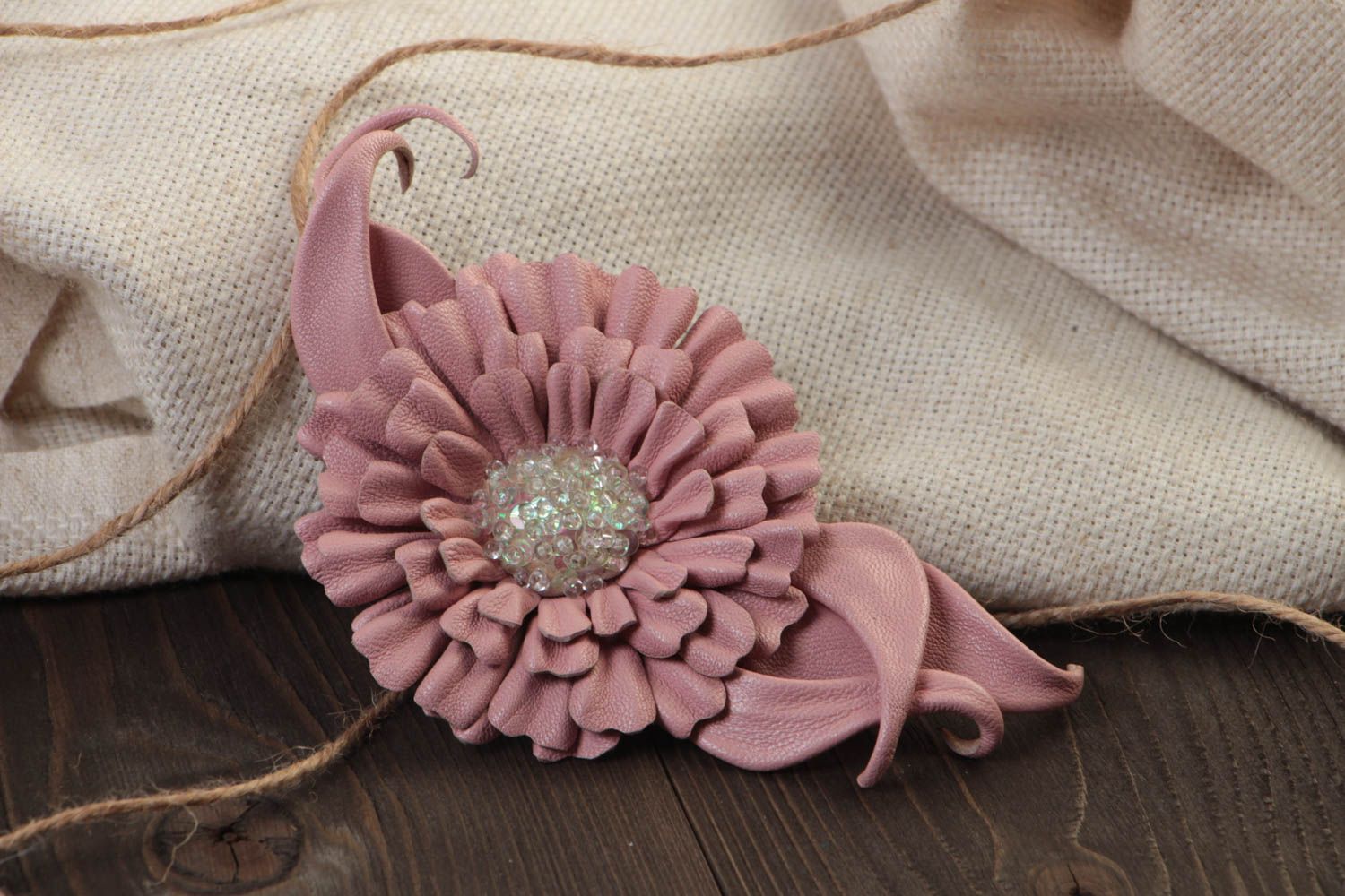 Unusual women's handmade leather flower brooch with pink gerbera photo 1