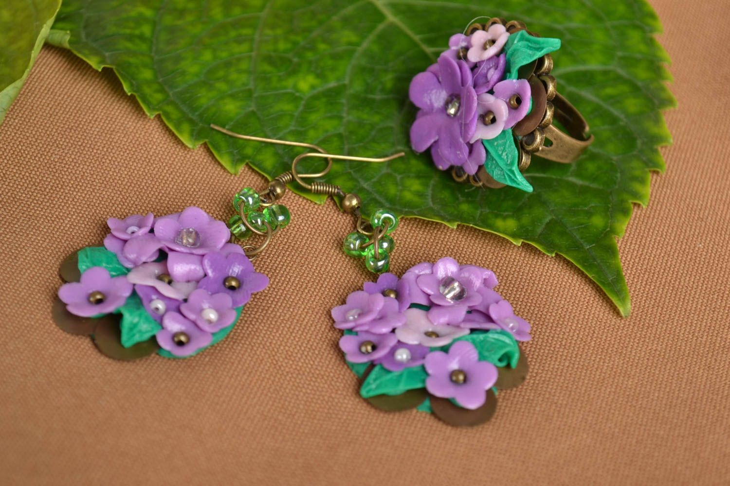 Handmade jewelry set flower jewelry fashion rings dangling earrings polymer clay photo 1