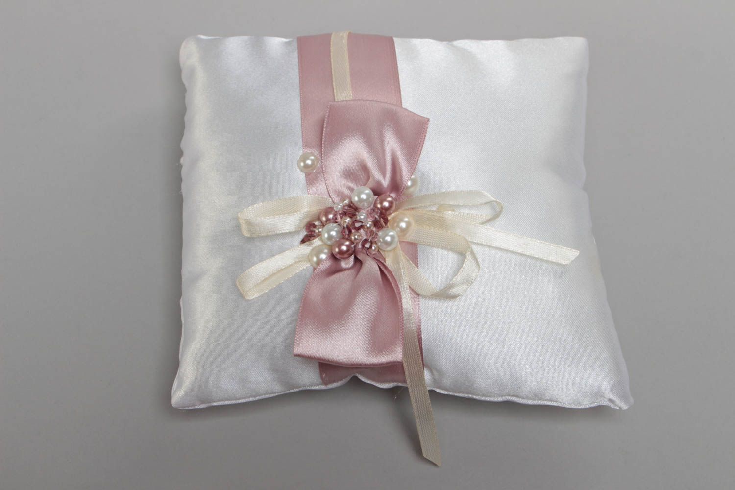 Beautiful white handmade designer satin ring bearer pillow with bow and beads photo 2
