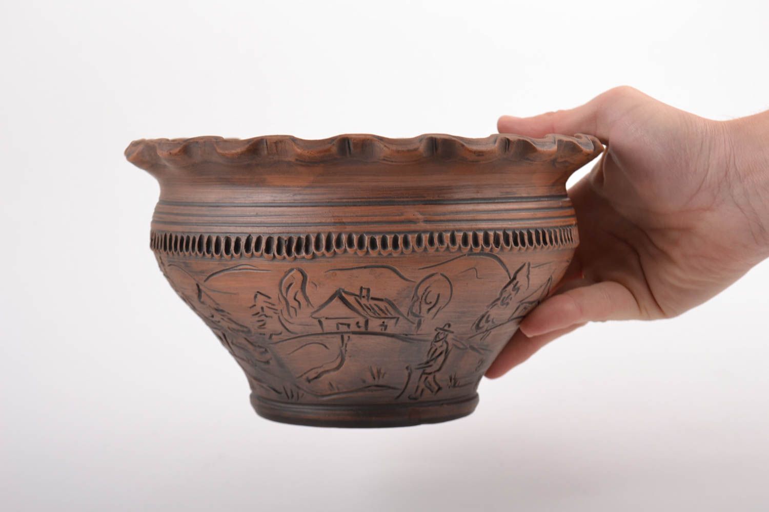 Handmade dark brown large ceramic bowl with ornaments kilned with milk 2 l photo 2