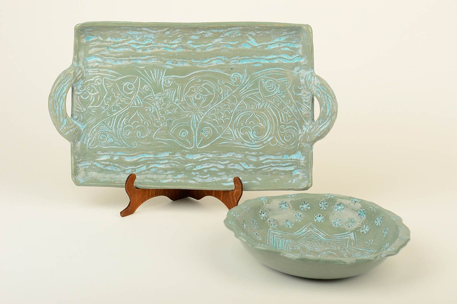 Geschirr Set handmade Keramik Tablett originell Deko Tablett Keramik Teller foto 1