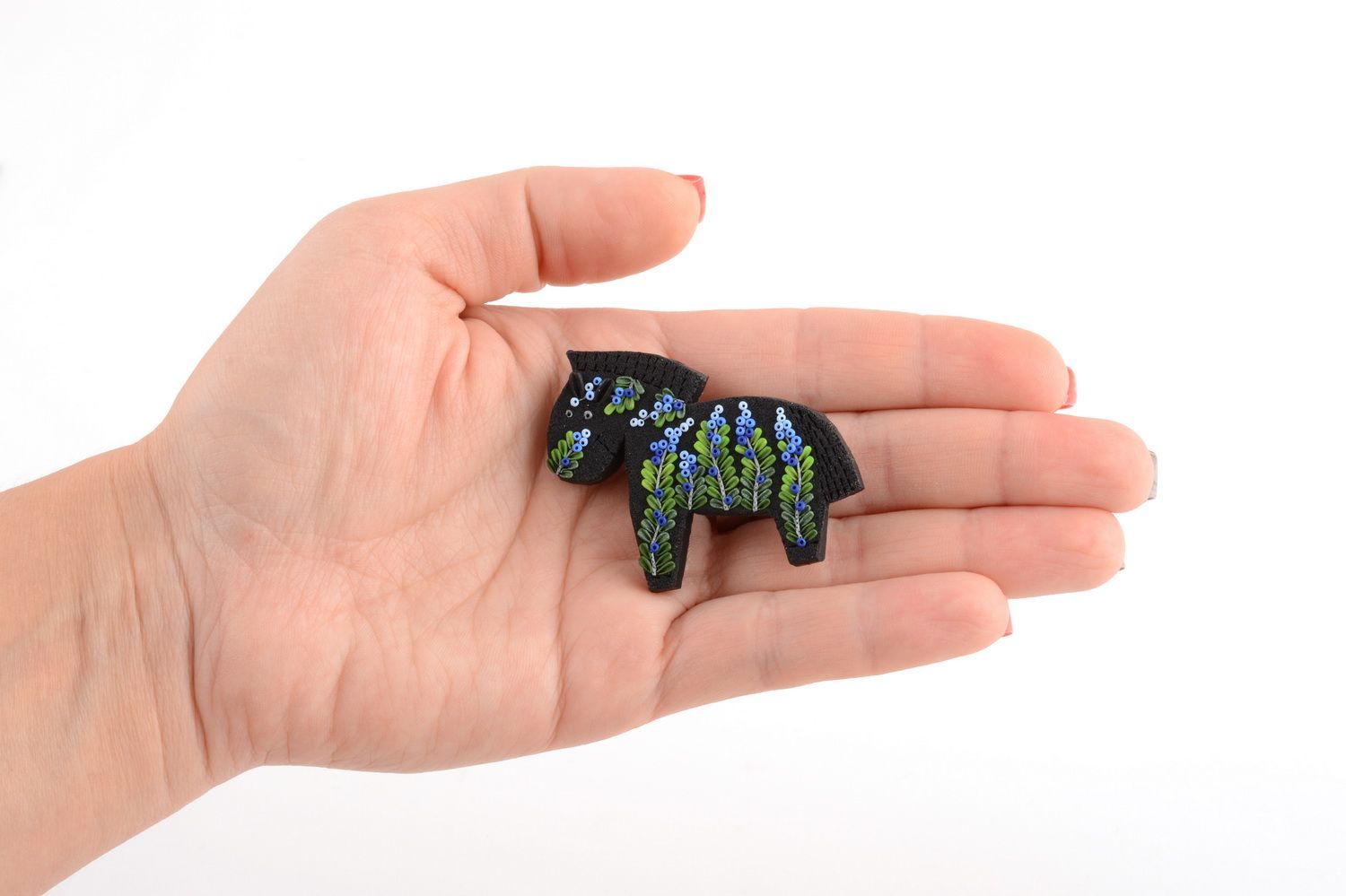 Handmade small beautiful black brooch made of polymer clay in shape of horse photo 5