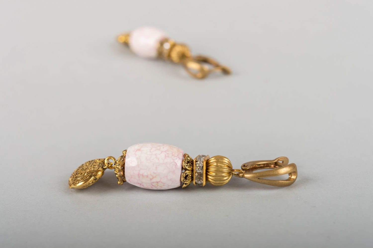 Handmade designer latten dangling earrings with pink agate stone beads photo 5