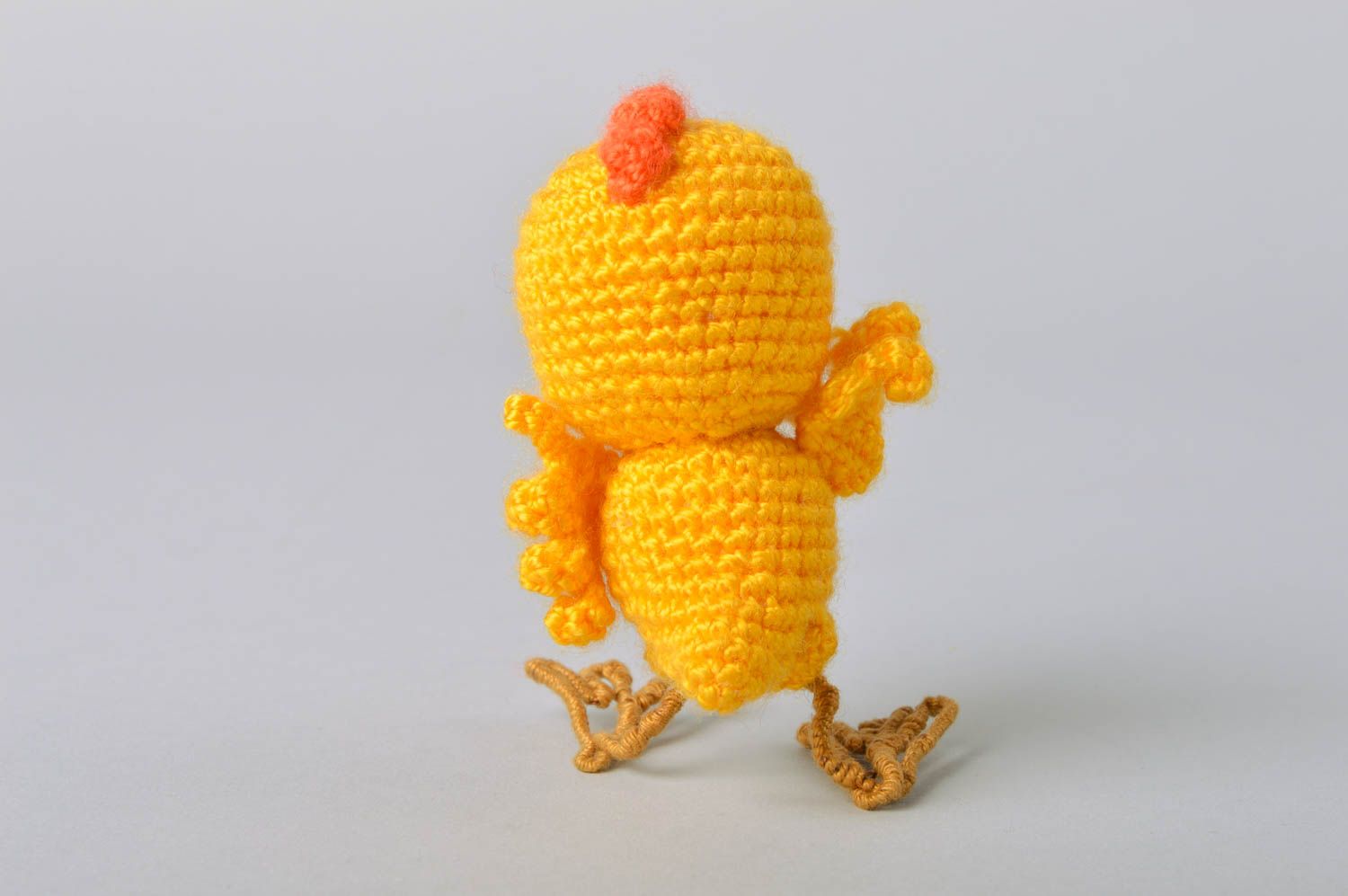 Handmade small funny soft toy crocheted of acrylic and cotton yellow chicken photo 4