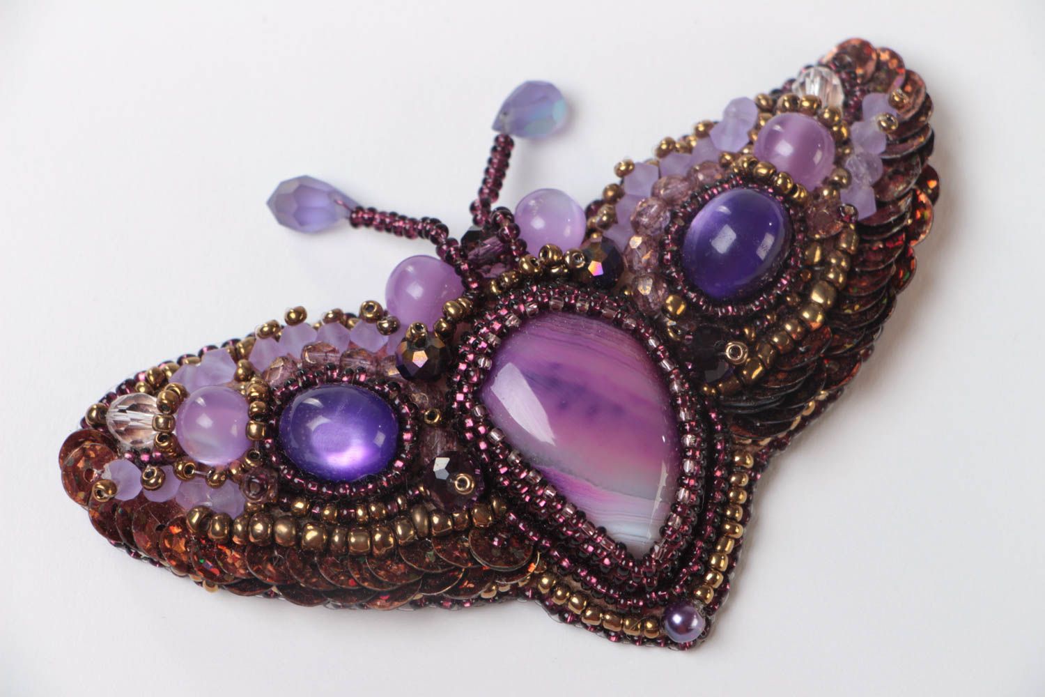 Beautiful handmade brooch embroidered with beads and natural stones Moth photo 2