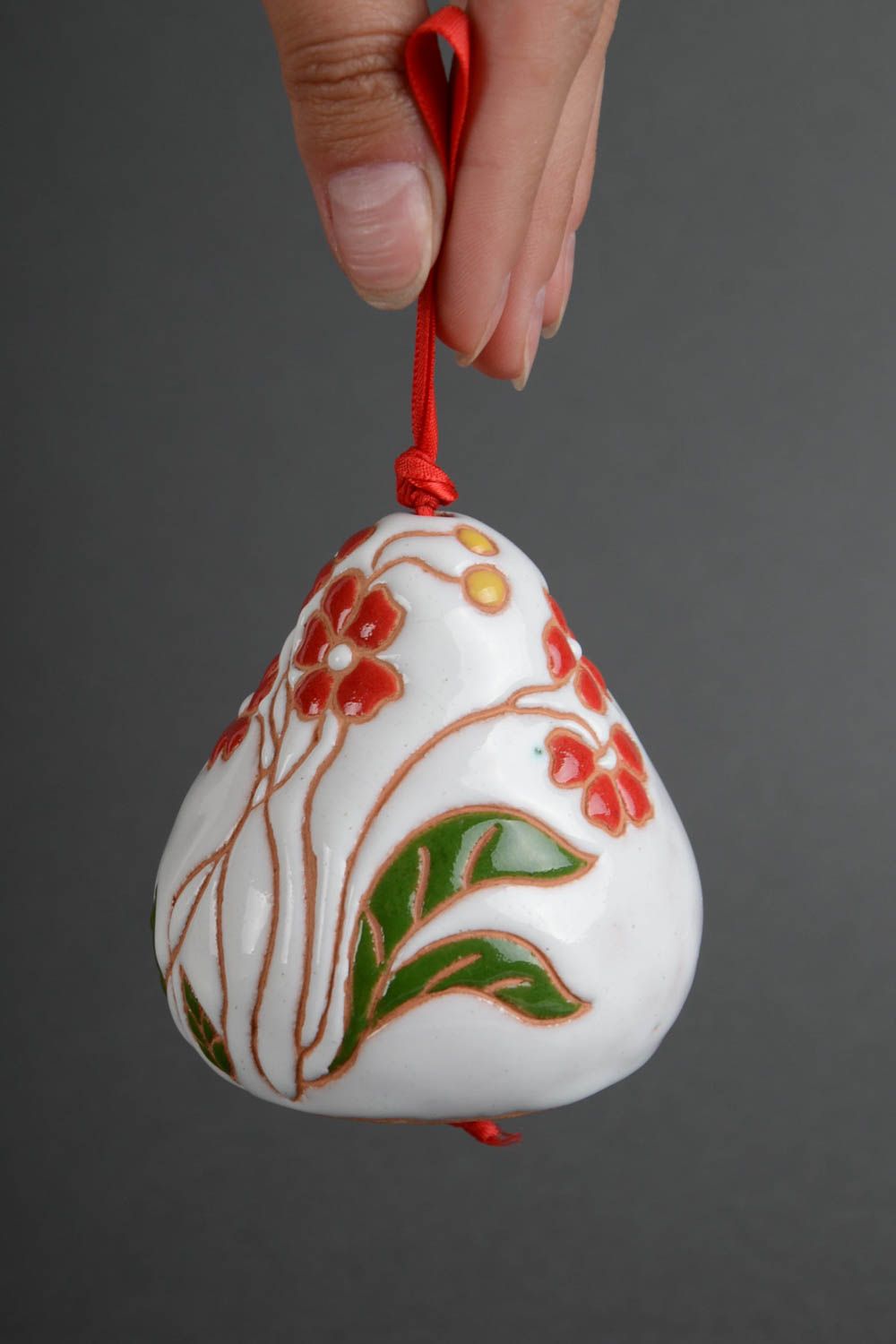 Handmade decorative pottery ceramic white bell with red flowers on red ribbon photo 5