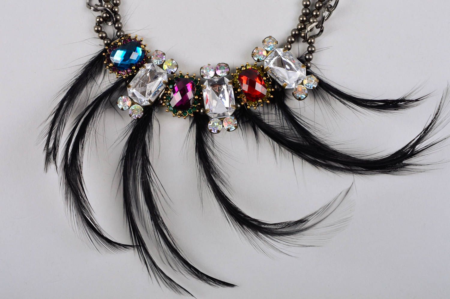 Handmade massive necklace unusual designer necklace jewelry with feather photo 3