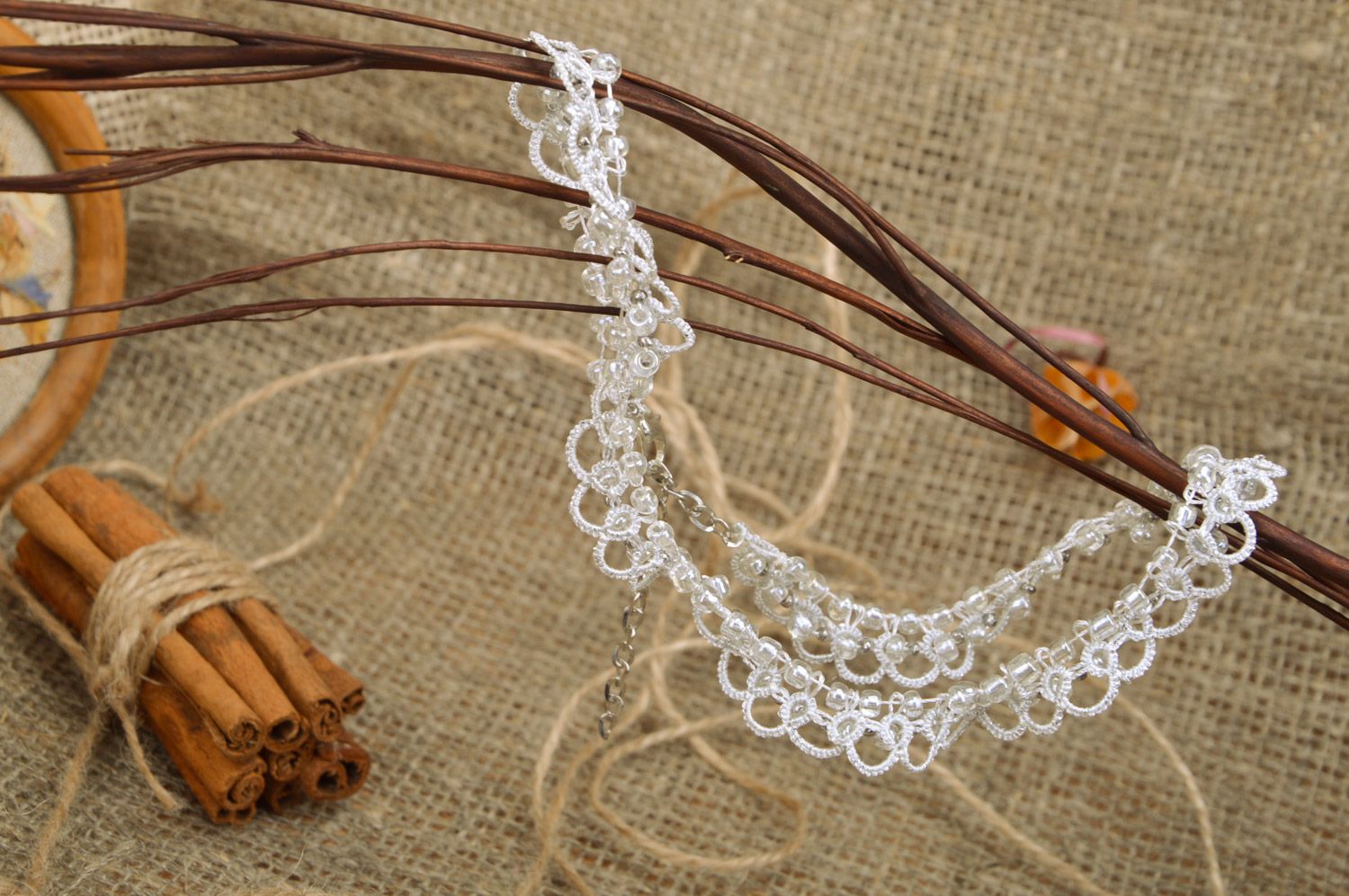 Handmade tender white tatted necklace woven of Czech beads and satin thread photo 1