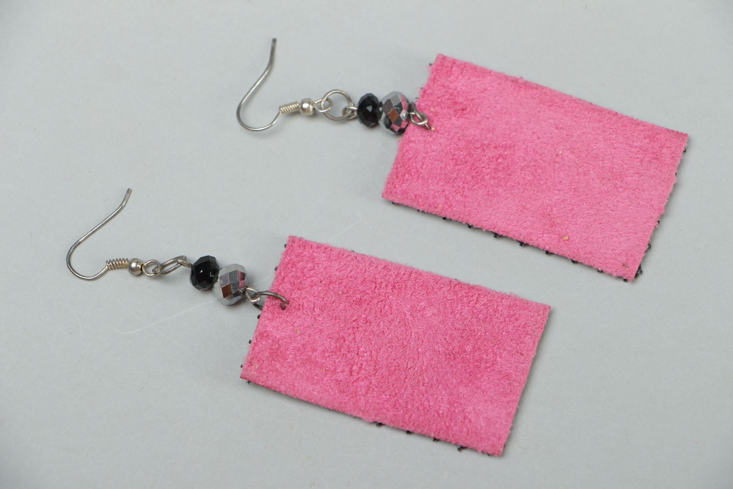 Artificial leather earrings of rectangular shape with rhinestones photo 3