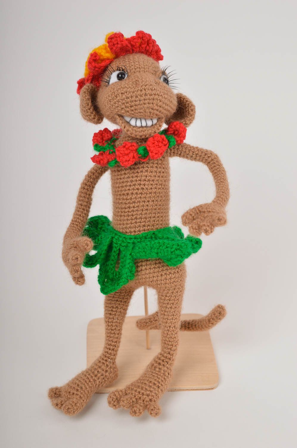 10 inches knitted stuffed monkey toy in brown, red, and green colors photo 2