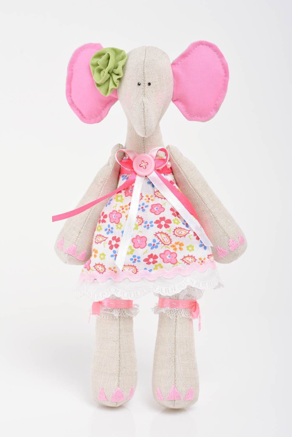 Beautiful homemade linen and cotton fabric soft toy elephant for children photo 1