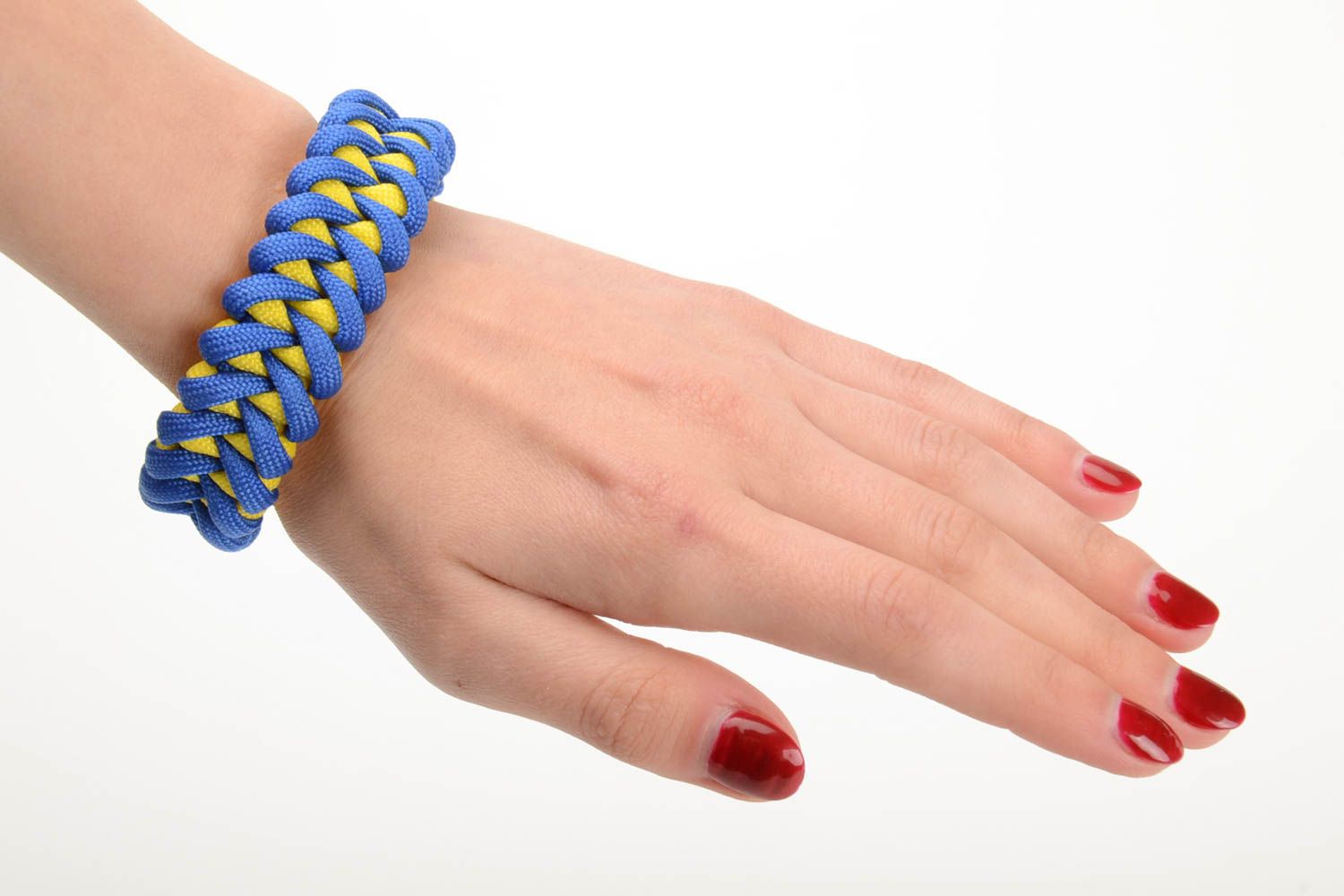 Handmade braided bracelet made of parachute cord blue and yellow unisex accessory photo 5