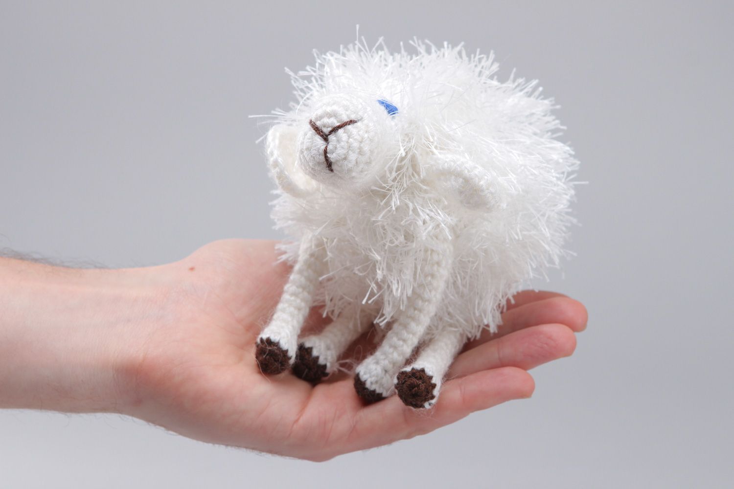 Handmade fluffy soft toy crocheted of woolen yarns white lamb for children photo 4