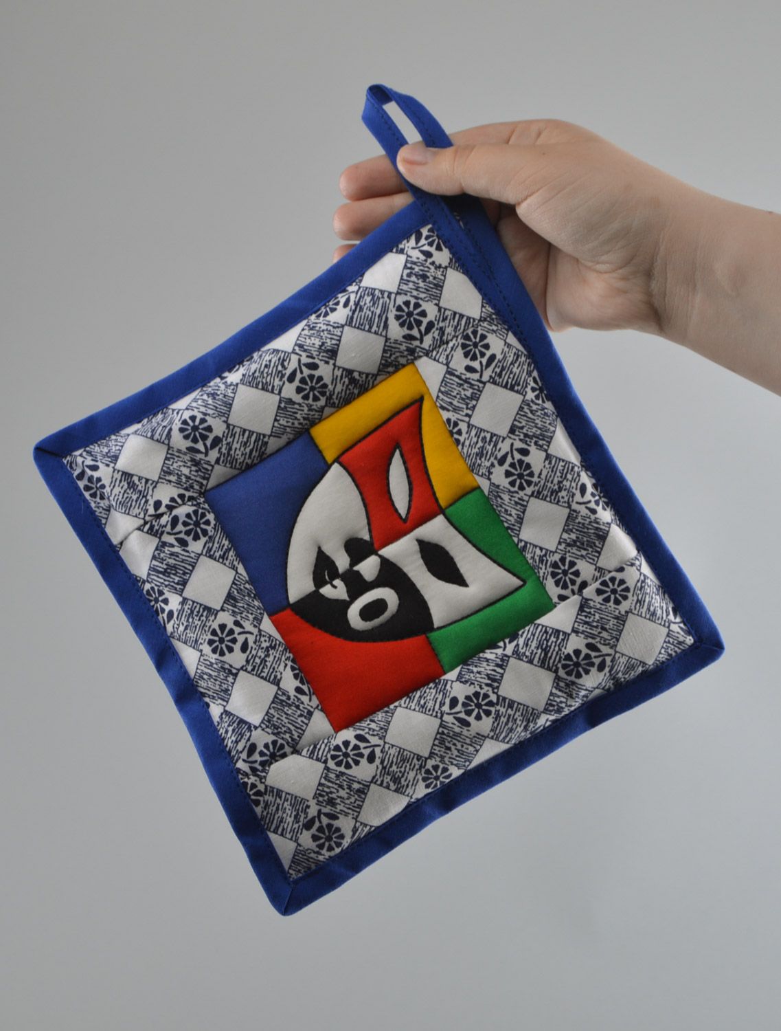 Handmade colorful square hot pot holder sewn of cotton with pattern for kitchen photo 2
