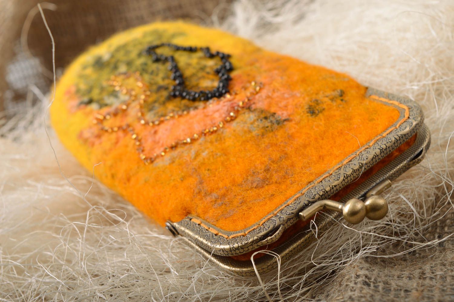 Handmade orange designer sunglasses case felted of wool with fermail and beads photo 1