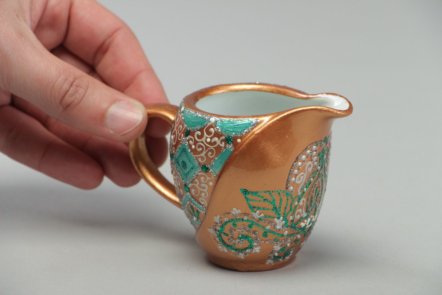 5 oz hand-painted creamer pitcher in gold and green colors 0,25 lb photo 4