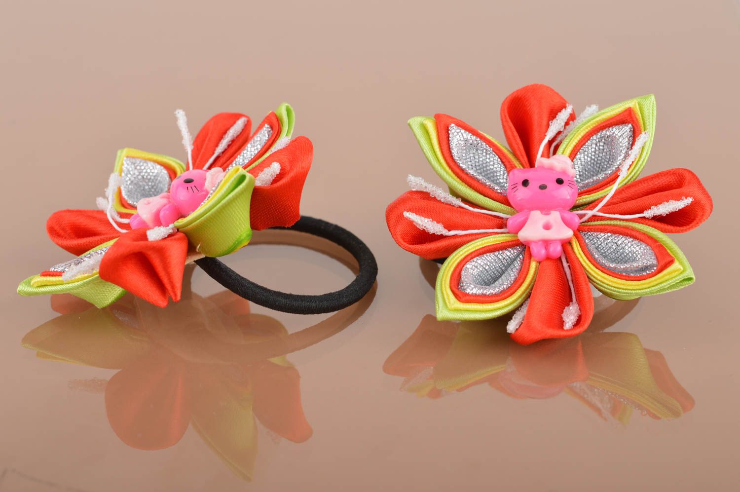 Set of 2 handmade decorative children's hair ties with colorful flowers photo 5