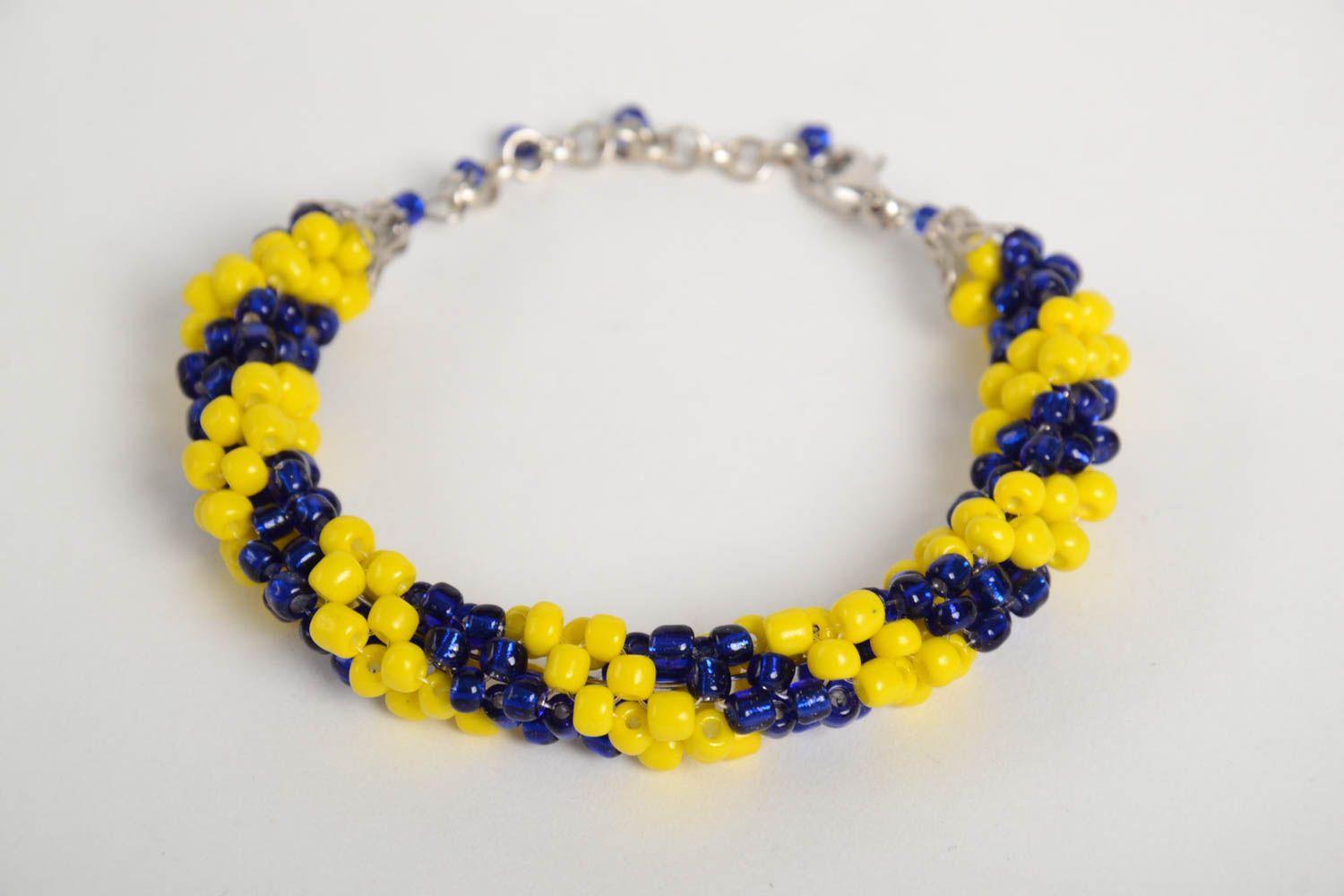 Cord beaded elegant bracelet in yellow and dark blue color photo 5