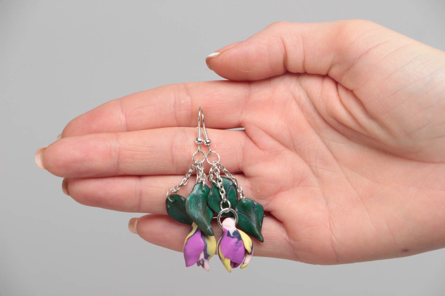 Earrings made of polymer clay in the form of flower buds long handmade jewelry photo 5