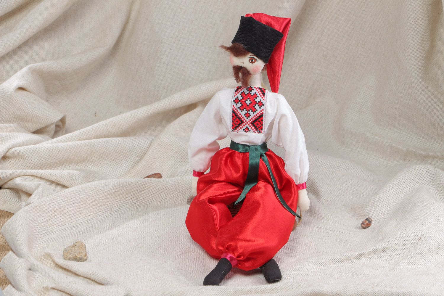 Handmade designer collectible soft doll sewn of fabric with painting Cossack photo 1