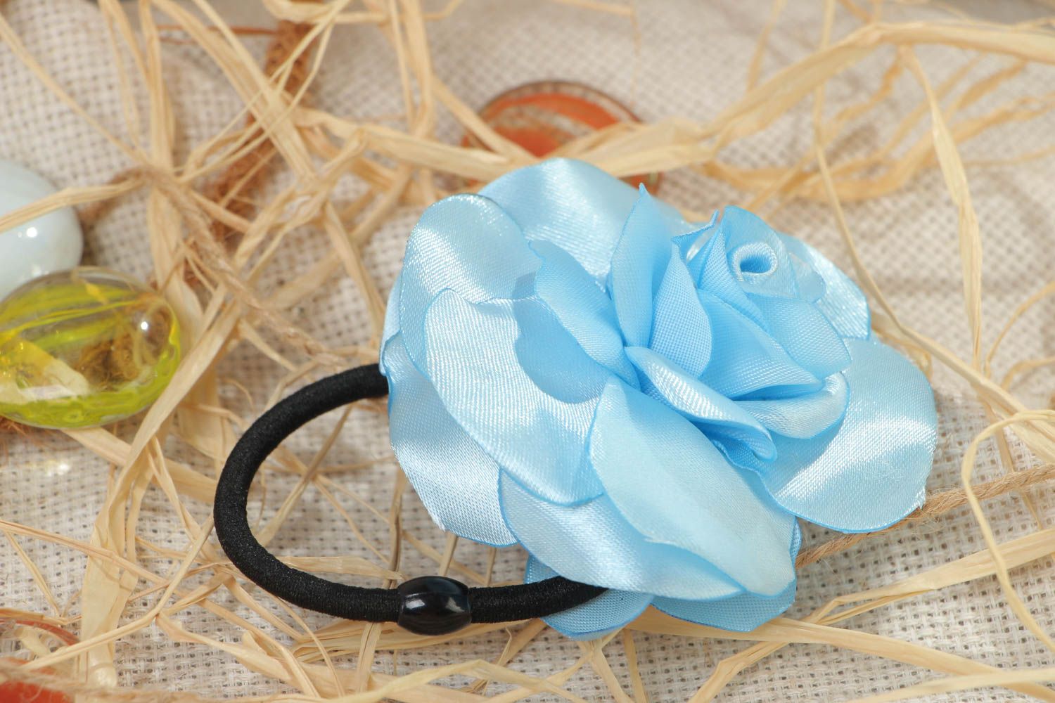 Beautiful women's handmade satin ribbon flower hair tie Blue Rose photo 1