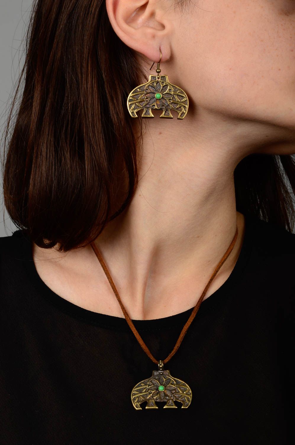 Parure de Bijoux en bronze fait main pierres vertes Boucles d'oreilles pendentif photo 2