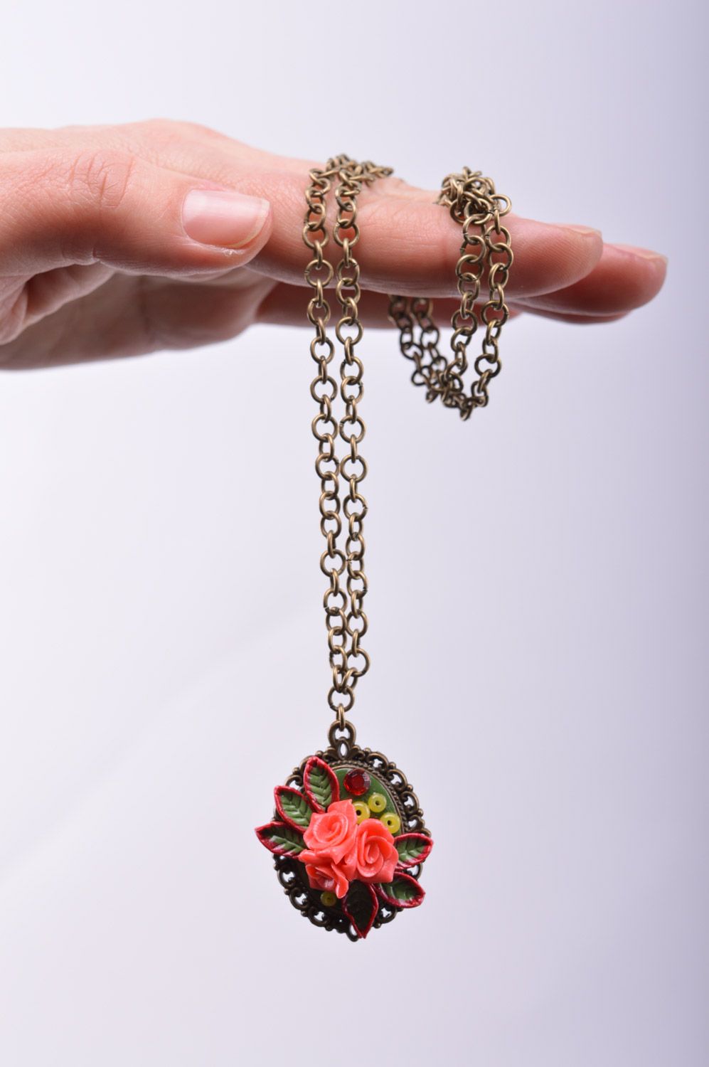 Handmade plastic flower pendant with metal chain photo 5