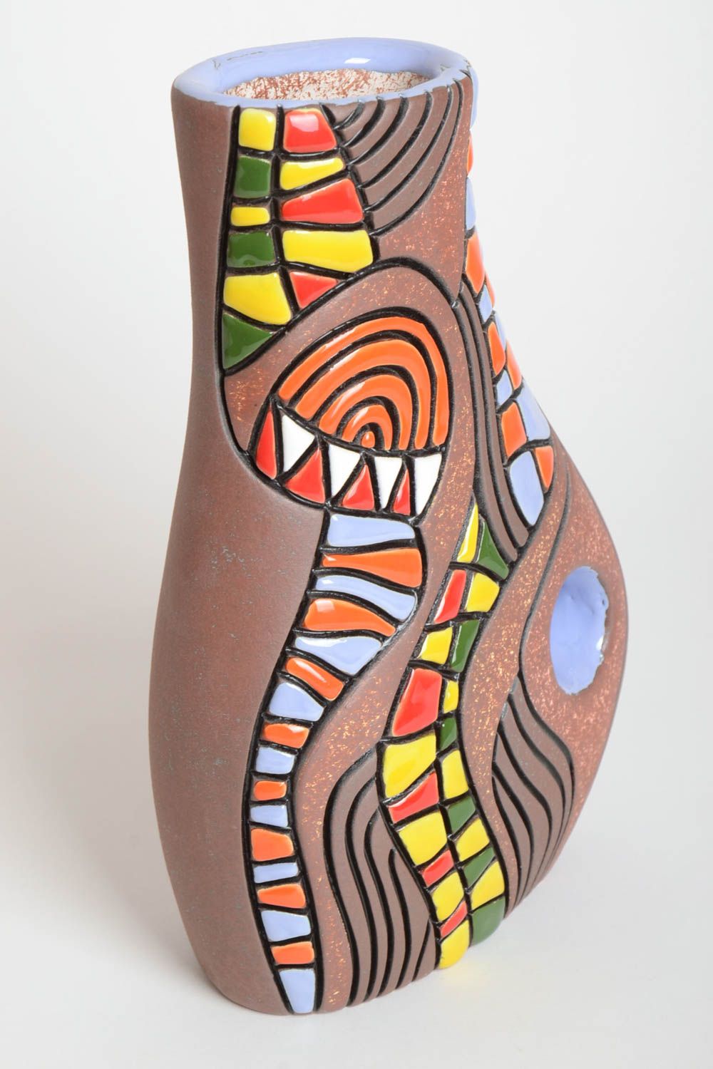Vase design fait main Vase en argile marron à motif coloré Déco maison 2 l photo 2