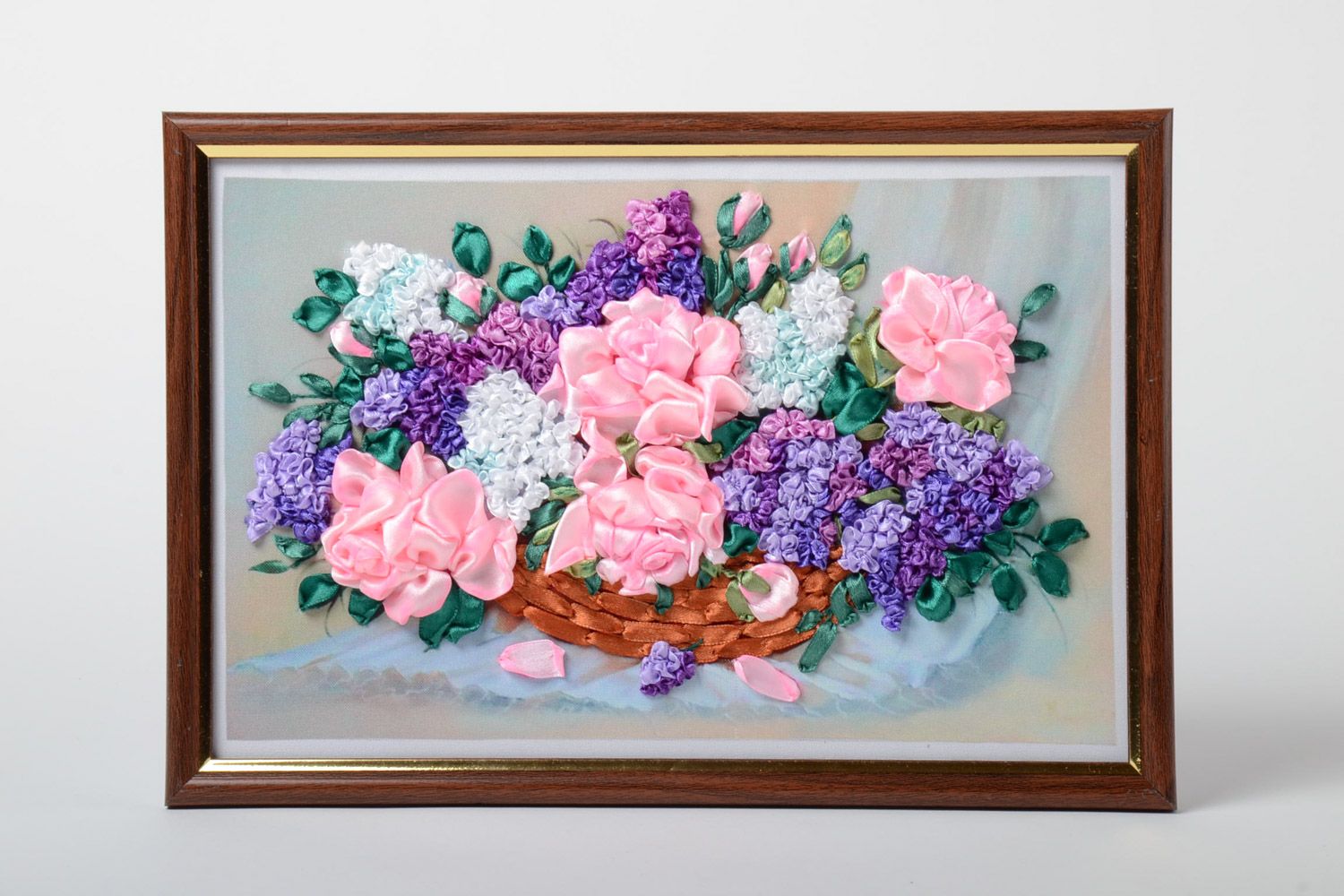 Gentle handmade satin ribbon flower embroidery in pink color palette in wooden frame  photo 1