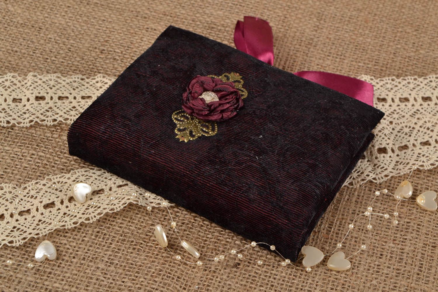 Handmade designer scrapbooking notebook with dark fabric cover and satin ribbon photo 1