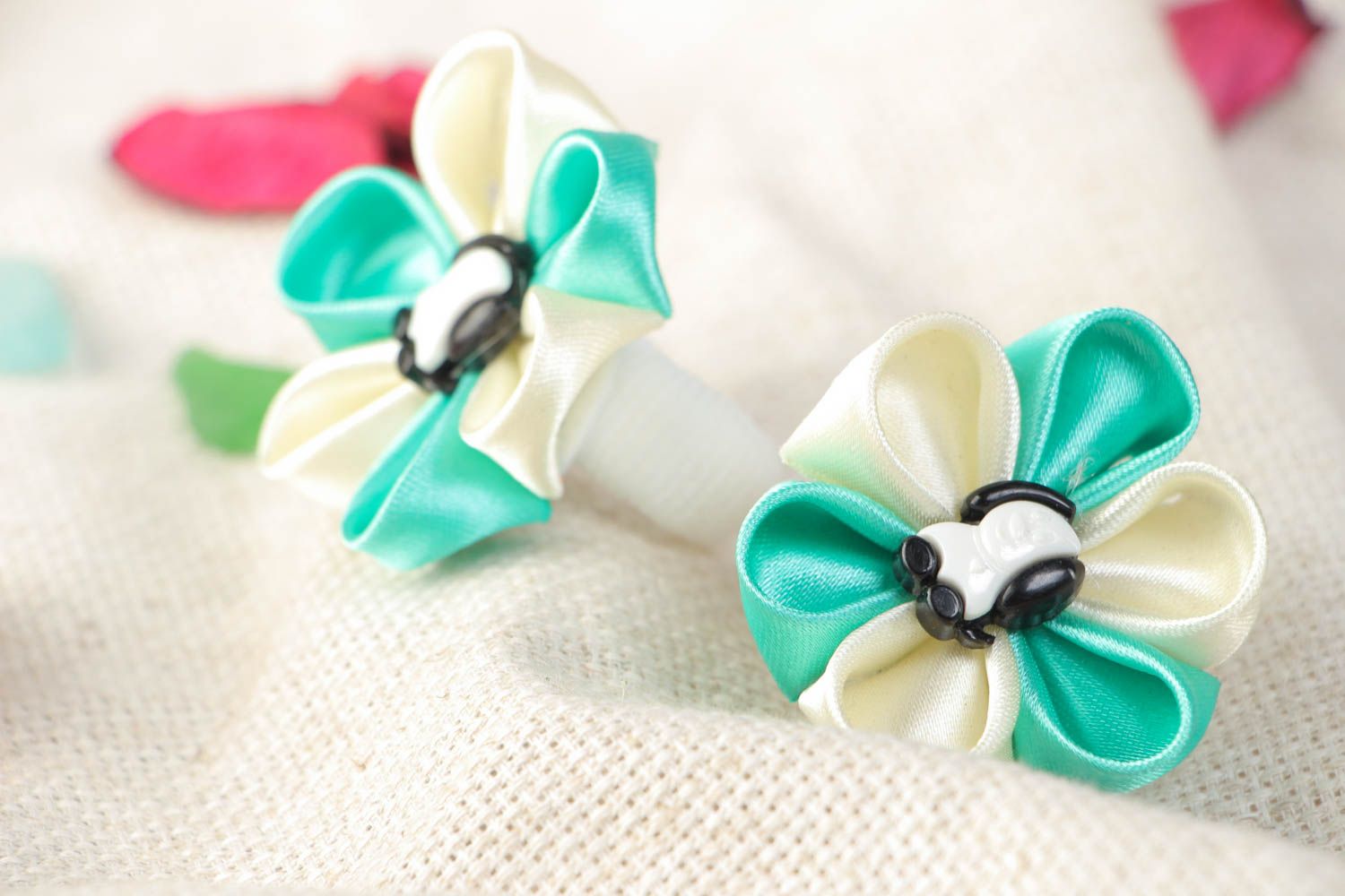 Handmade set of beautiful stylish scrunchies made of satin ribbons 2 pieces  photo 1