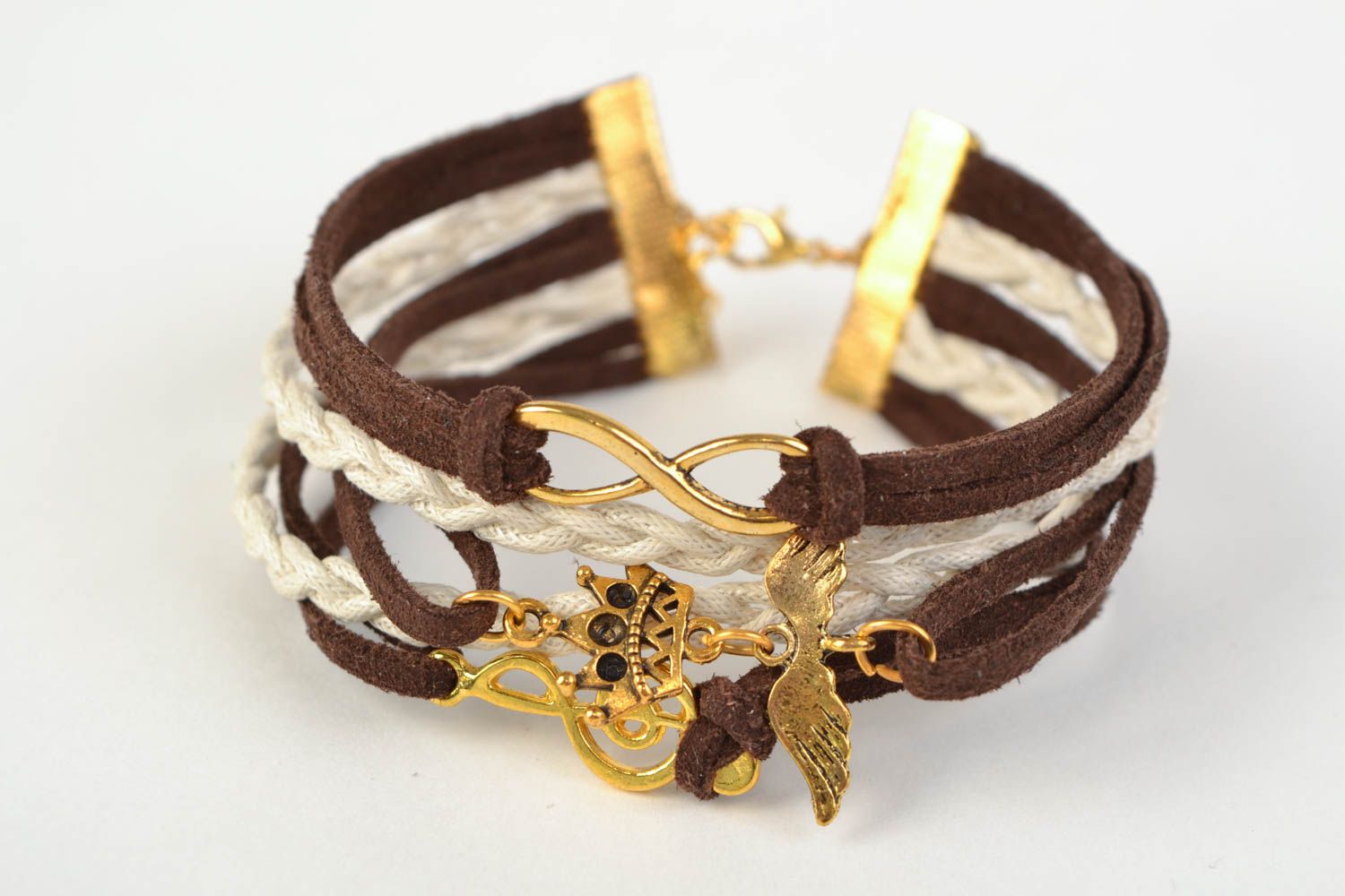 Stylish handmade woven suede cord bracelet with charms photo 3