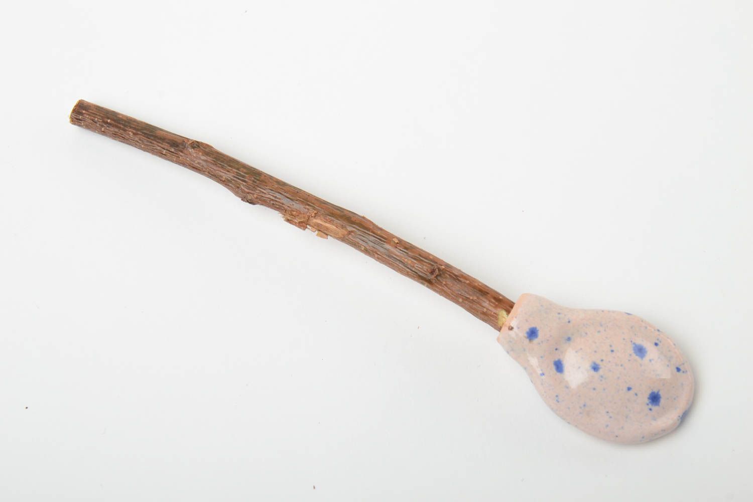 Colorful glazed handmade clay spoon with apricot branch handle photo 3