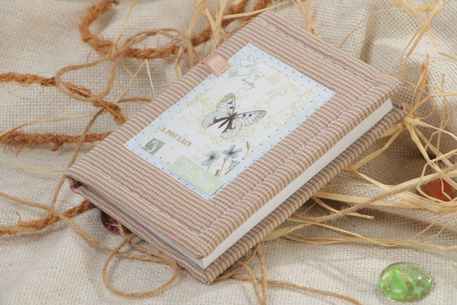 Handmade notepad with checkered fabric cover light brown notebook present for girl photo 1