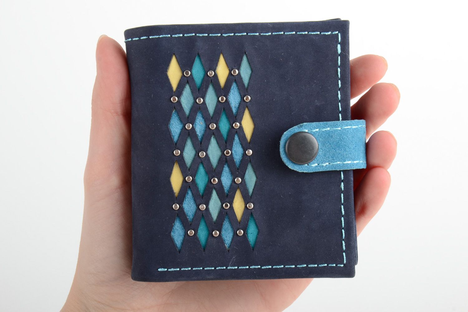 Handgemachte Brieftasche aus Leder für Damen blau mit Applikation dekoriert nett foto 5