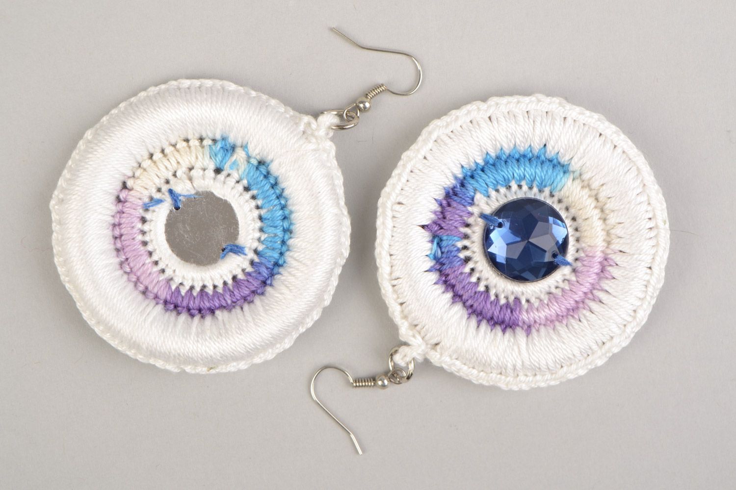 Handmade round dangling earrings woven of cotton threads with plastic cabochon photo 4
