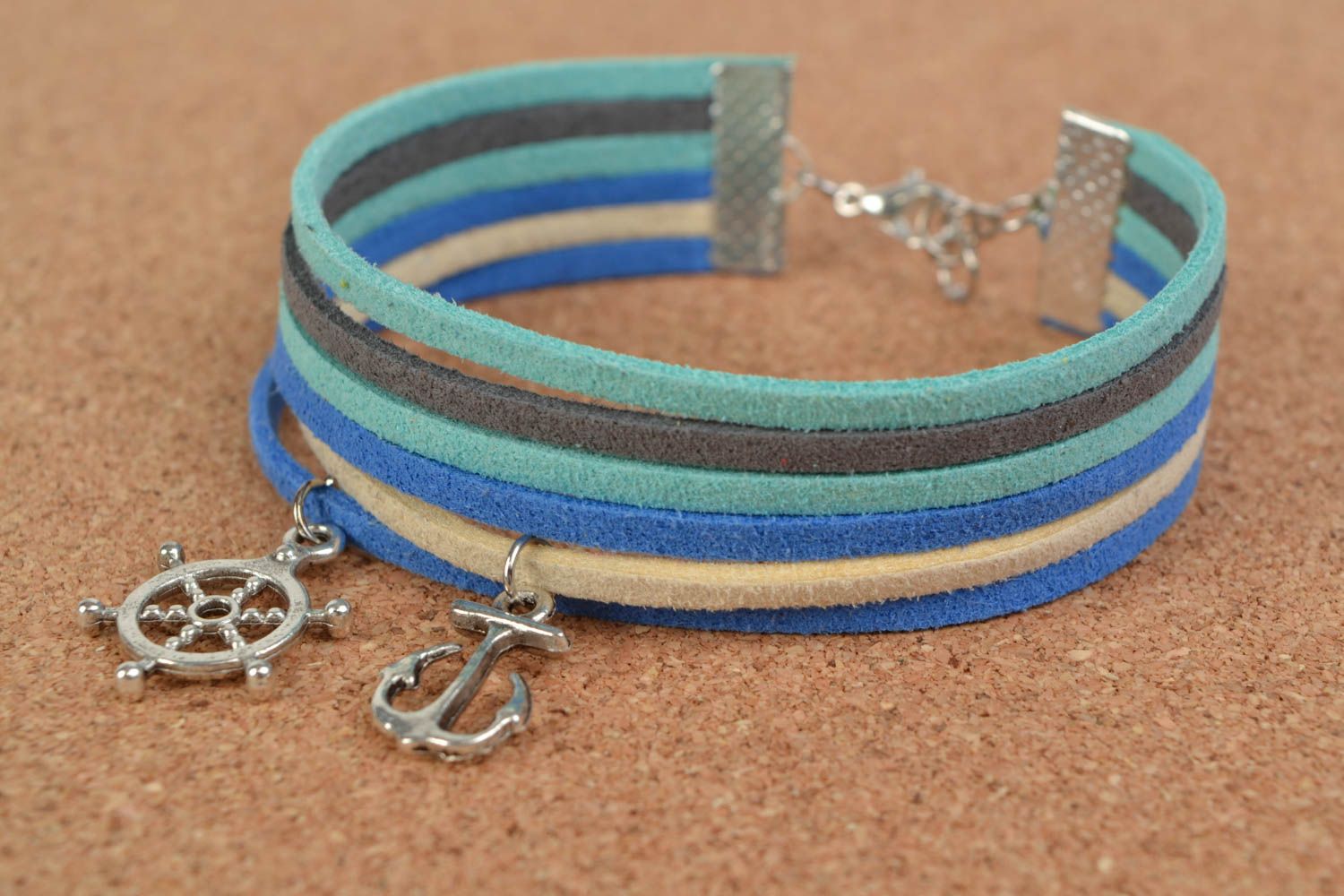 Blue handmade woven suede cord bracelet with charms in marine style photo 1