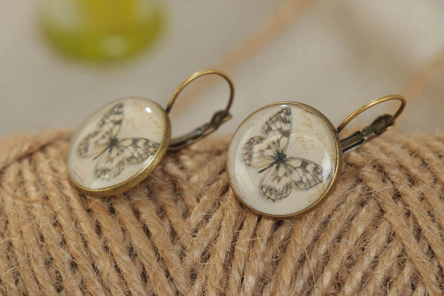 A set of handcrafted round vintage earrings made of glass glaze with butterflies  photo 1