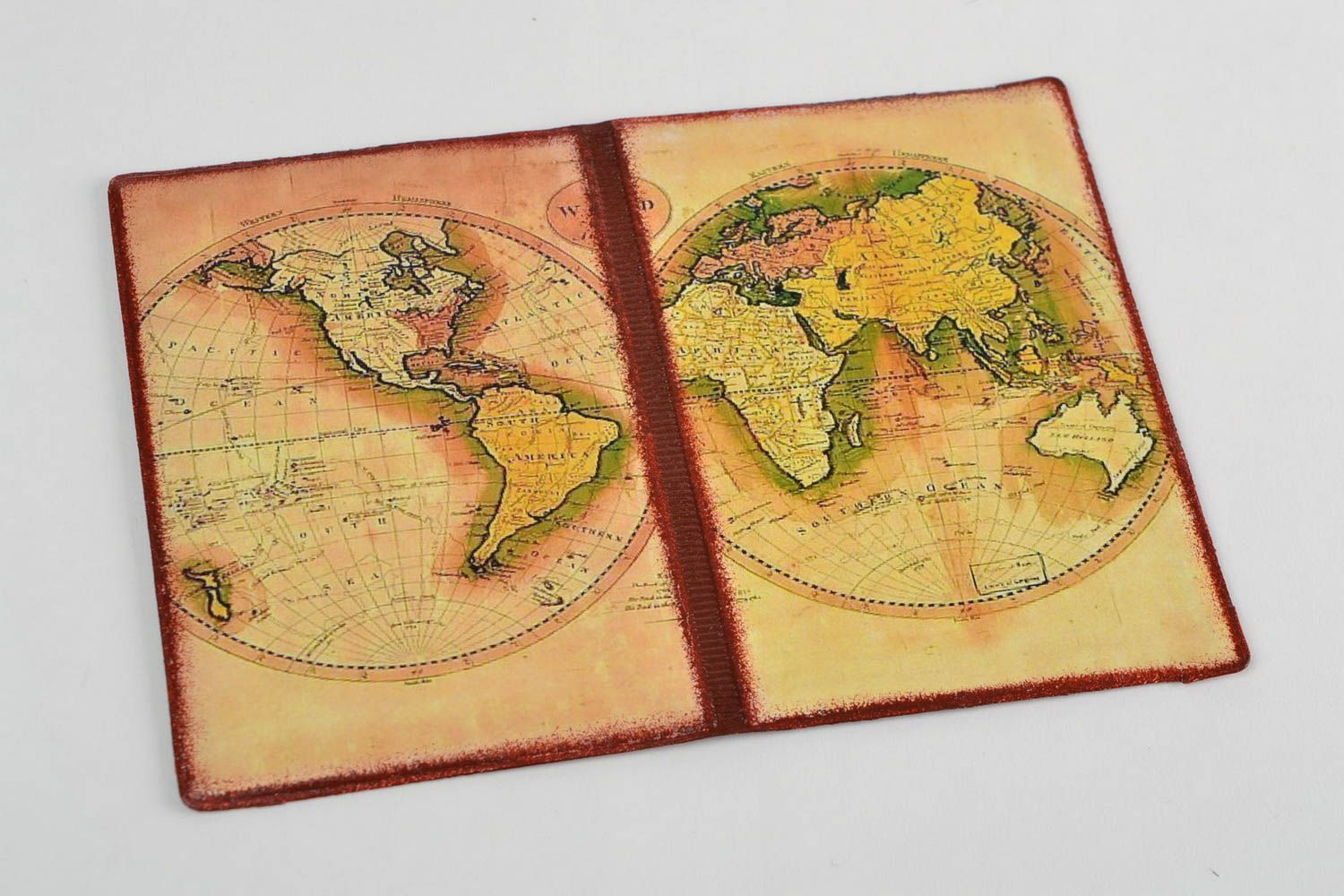 Handmade designer faux leather passport cover with decoupage Map of the World photo 3