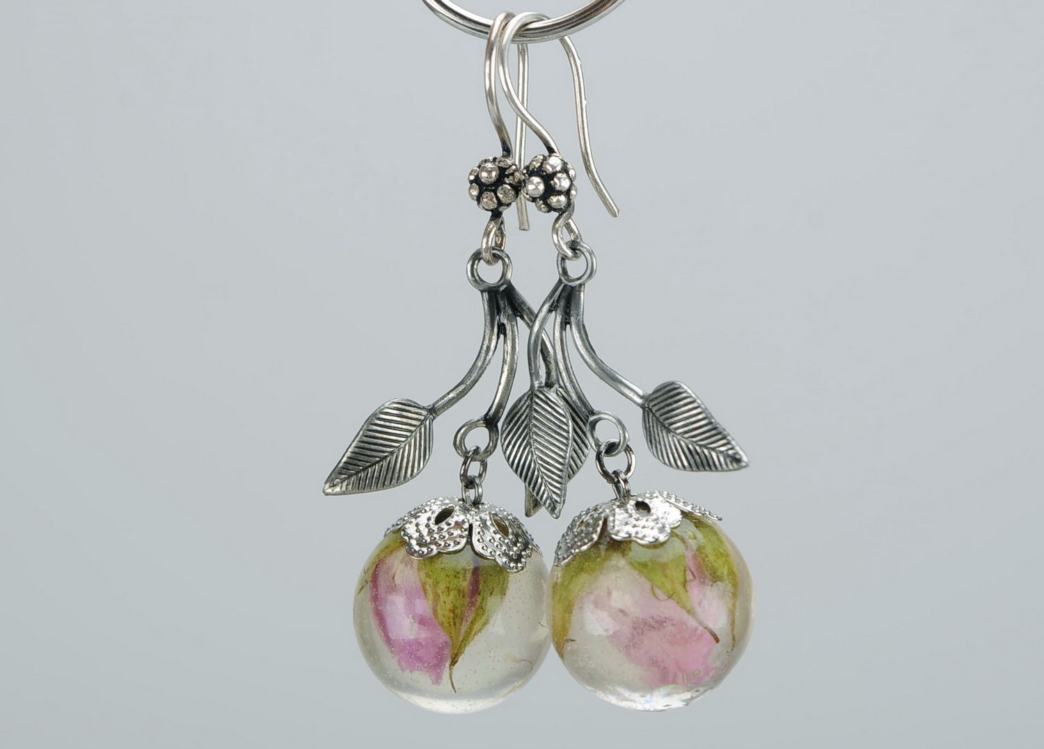 Silver earrings with buds of tea roses photo 2