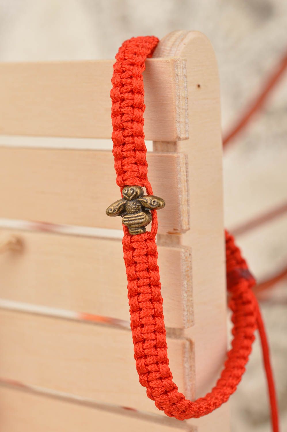 Unusual handmade red woven silk thread bracelet with insert Bee designer jewelry photo 1