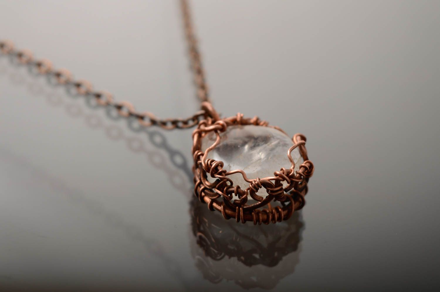 Copper wire wrap pendant with rock crystal photo 5